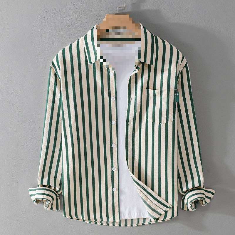 グリーン×クリーム ストライプ 長袖カジュアルシャツ