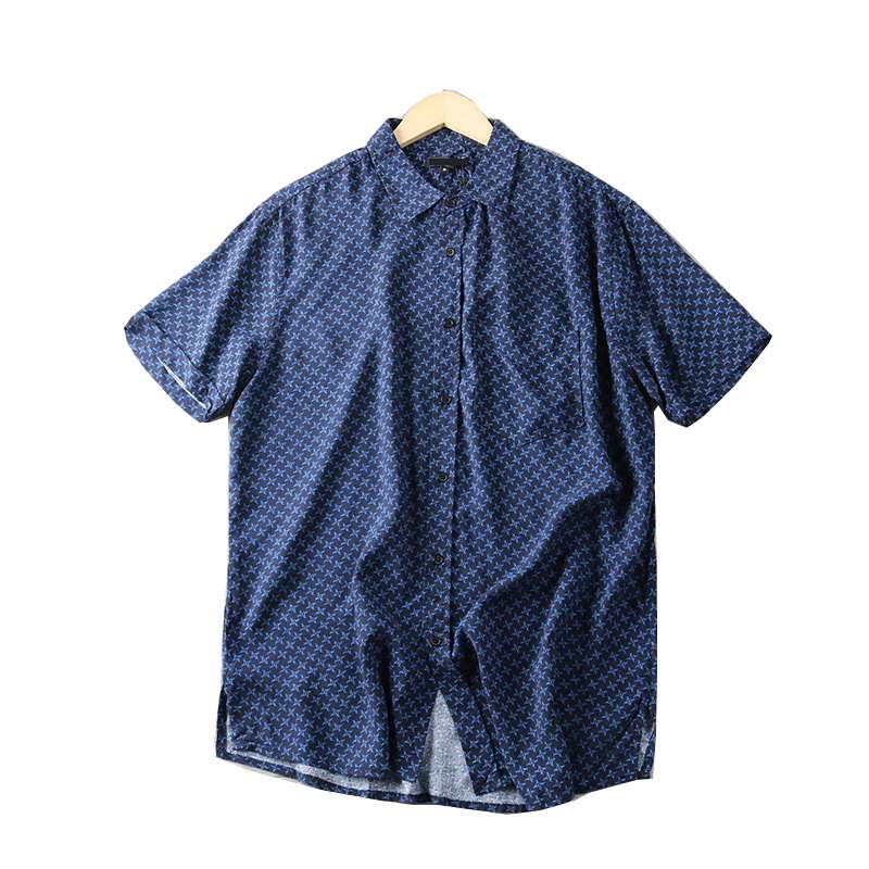 ネイビー 幾何学柄 半袖カジュアルシャツ